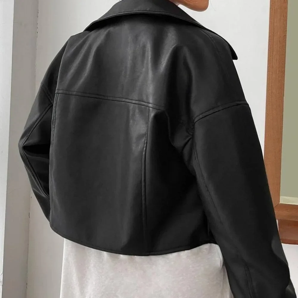 BLACK PU LEATHER ZIPPER BIKER JACKET - Picture 5 of 6